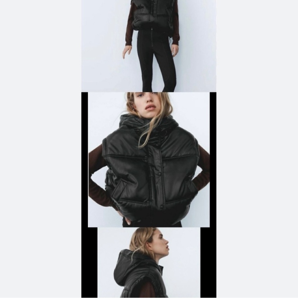 Zara Faux Leather Puffer Black Vest Hooded Pockets Gorpcore